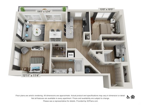 Floor plan for 2 beds, 2 baths, 1183 sqft